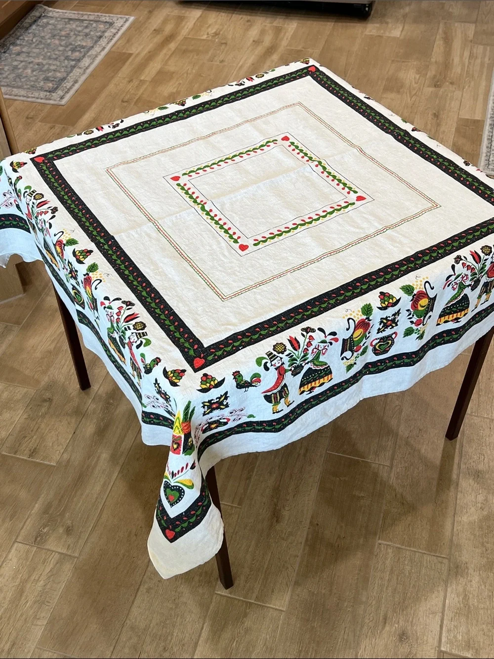Vintage Pennsylvania Dutch Folk Art Card Tablecloth 48x48 Linen